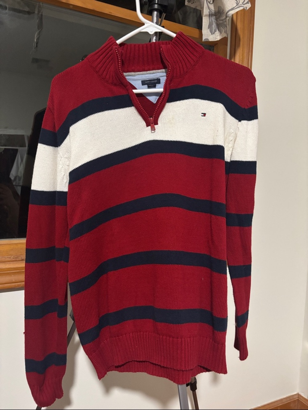 Tommy Hilfiger Men's Red Navy White Striped Half-Zip Sweater